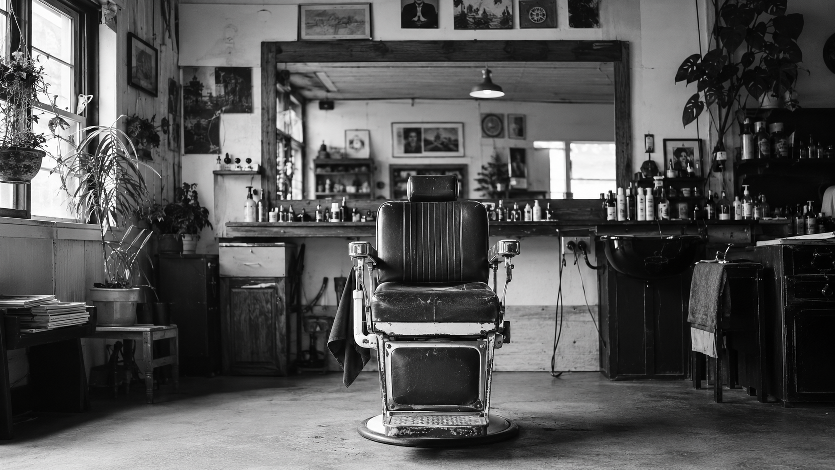 A well-worn barber chair in an intimate, art-filled shop